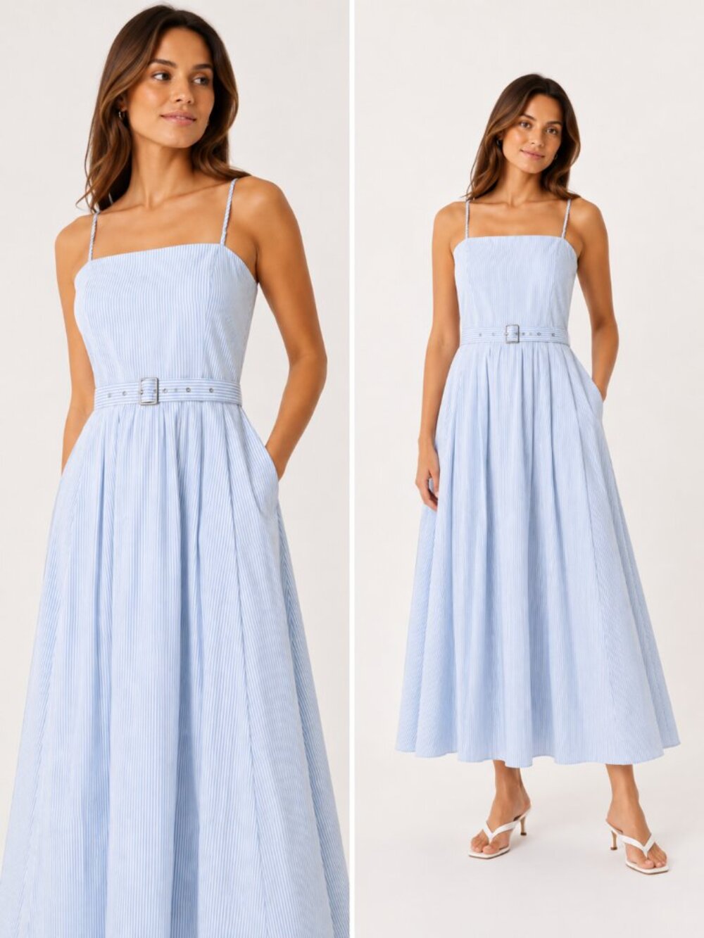 A New Day Baby Blue Striped Maxi Dress With Belt Spaguetti Straps Size 12